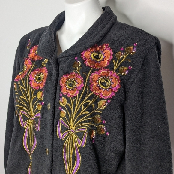 Bob Mackie black orange floral embroidered fleece jacket L - Picture 2 of 10